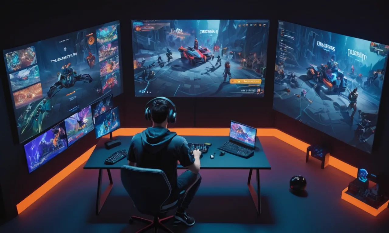 Un jugador sentado frente a una pantalla grande que muestra varios juegos de deportes electrónicos.