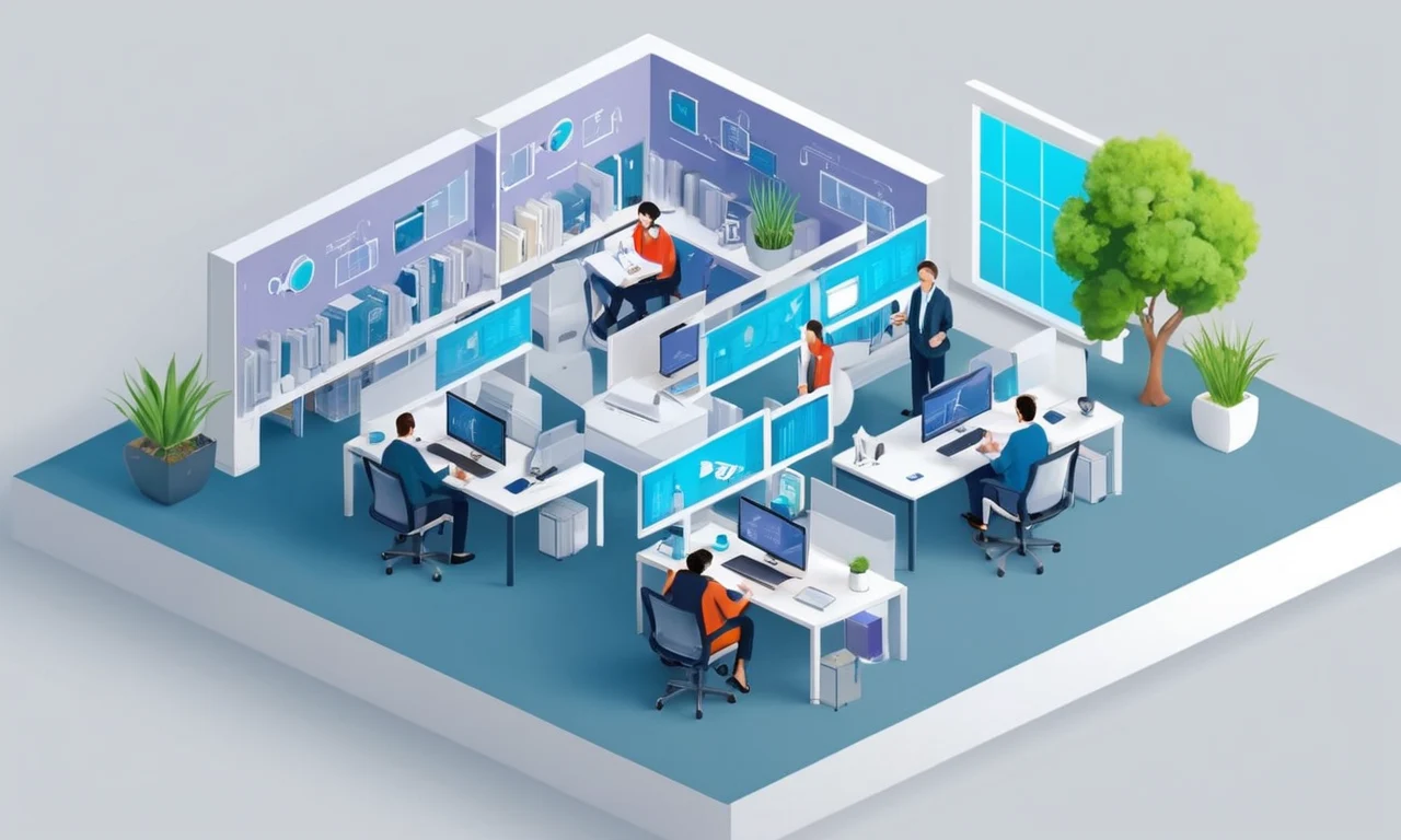 Un equipo de empleados que trabajan juntos en una oficina moderna, con diversos roles y tecnologías evolucionando con el tiempo.