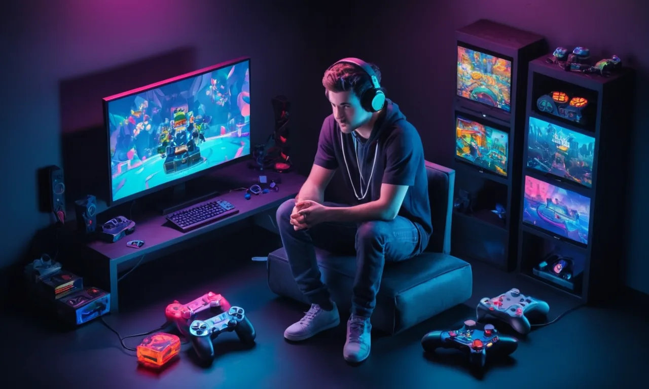 Un jugador sentado frente a una consola de juego con una expresión desconcertada, rodeado de pantallas y controladores de juego.