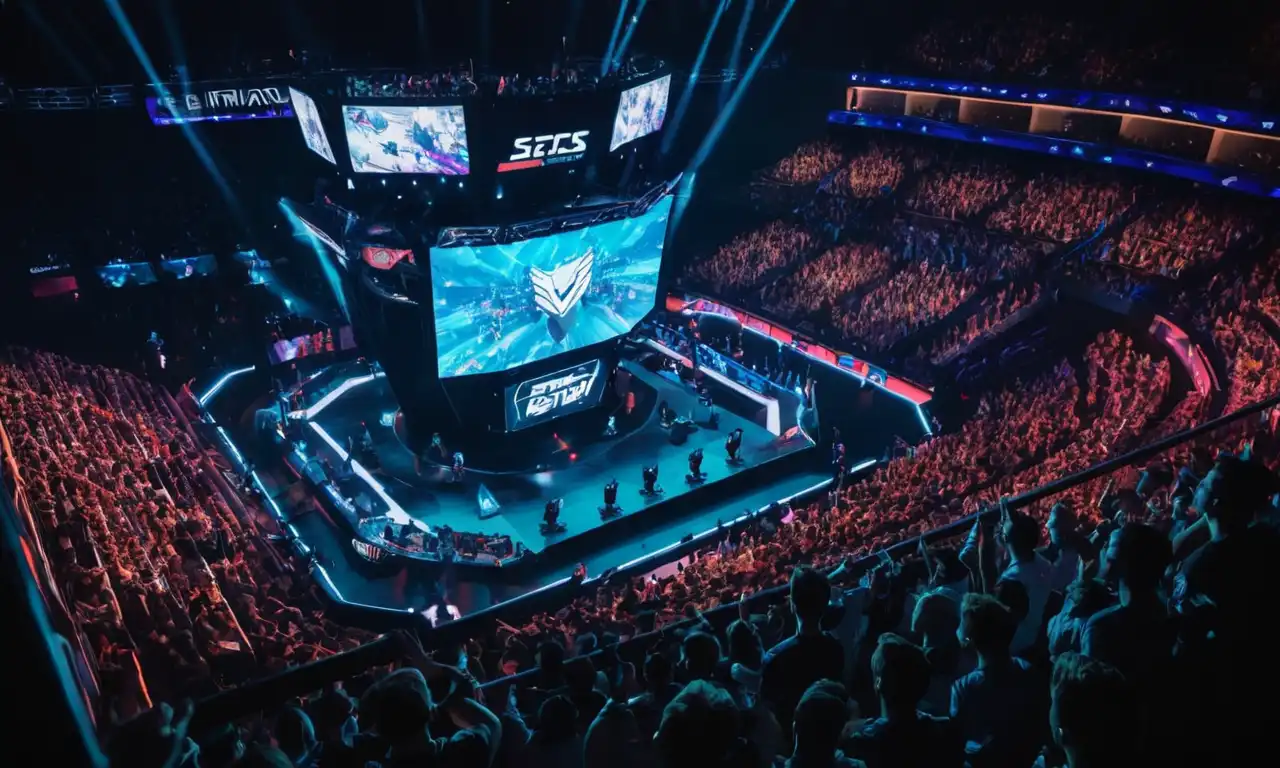 Una multitud animando en un evento del torneo de esports con jugadores que compiten en pantallas.