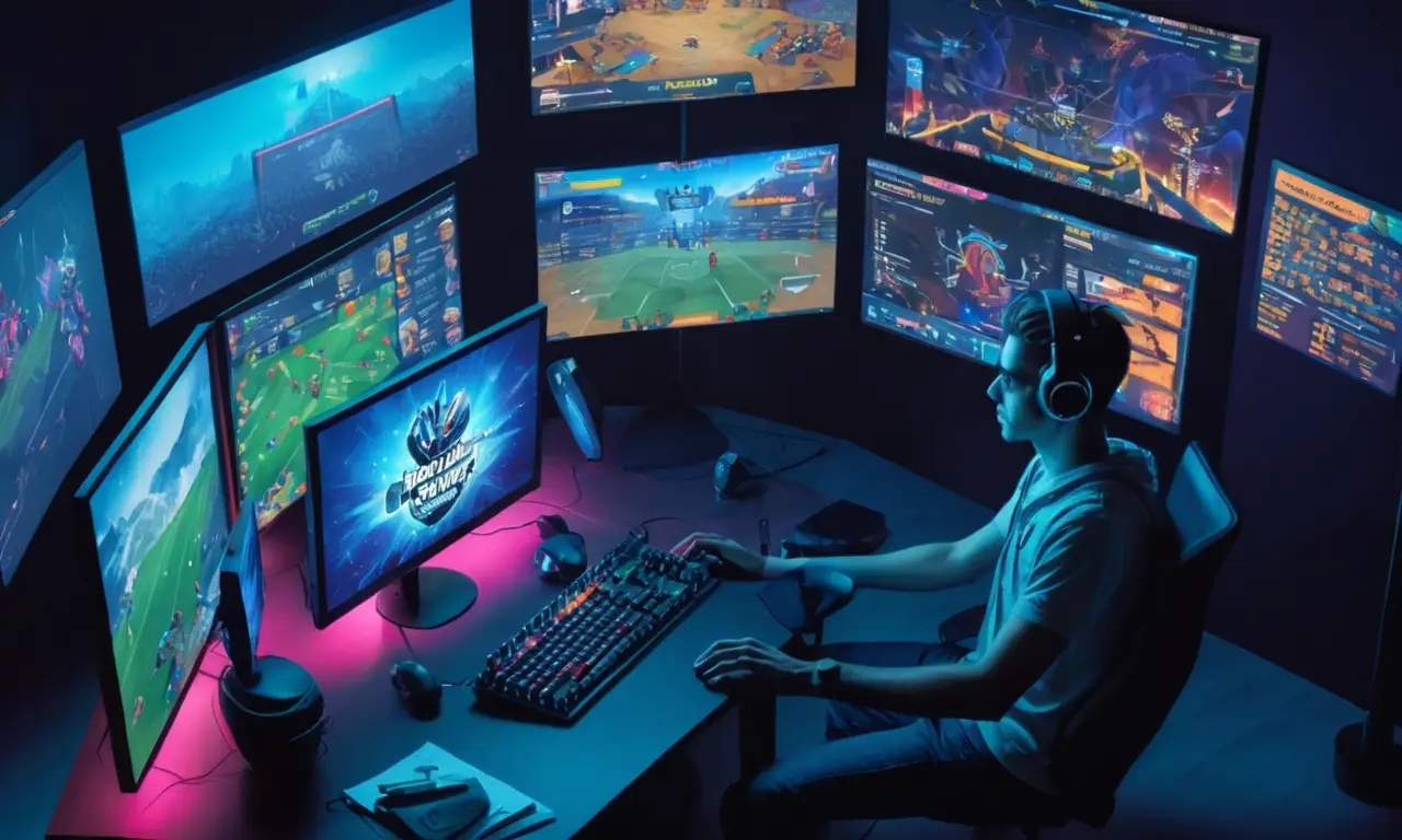 Un jugador sentado frente a una pantalla grande que muestra un partido de juego competitivo, rodeado de notas y papeles de análisis.