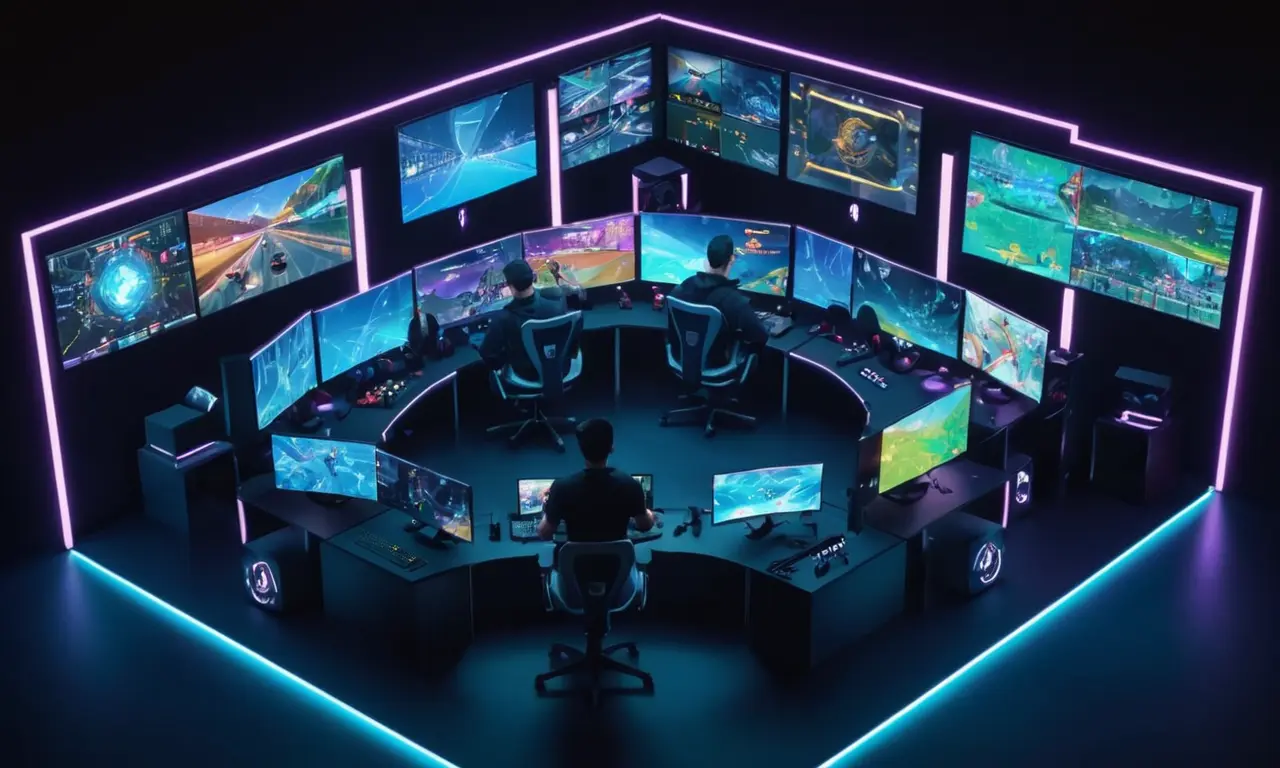 Un jugador profesional rodeado de pantallas que muestran imágenes de juego en vivo y análisis de datos.