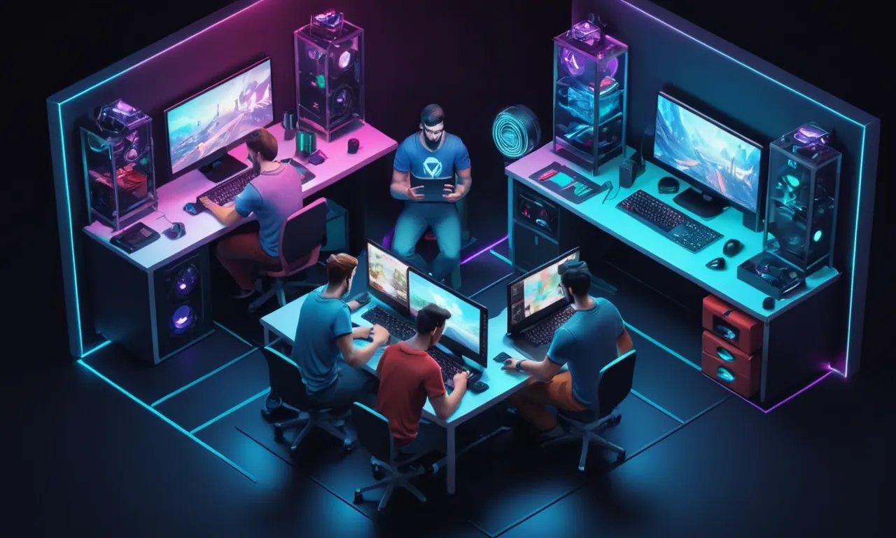 Equipo de jugadores colaborando en ordenadores portátiles, rodeado de equipos de juego y notas con consejos para entrenamiento.