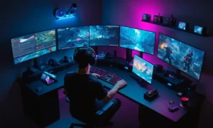 Un jugador se centró en una pantalla con múltiples monitores