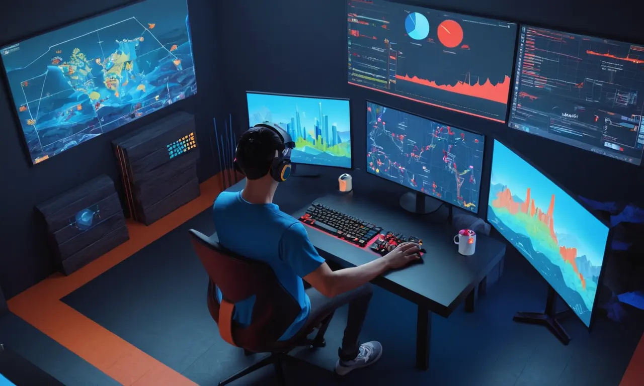 Un jugador sentado frente a una pantalla de ordenador mostrando un juego de avatar con gráficos y gráficos analizando el comportamiento del jugador.