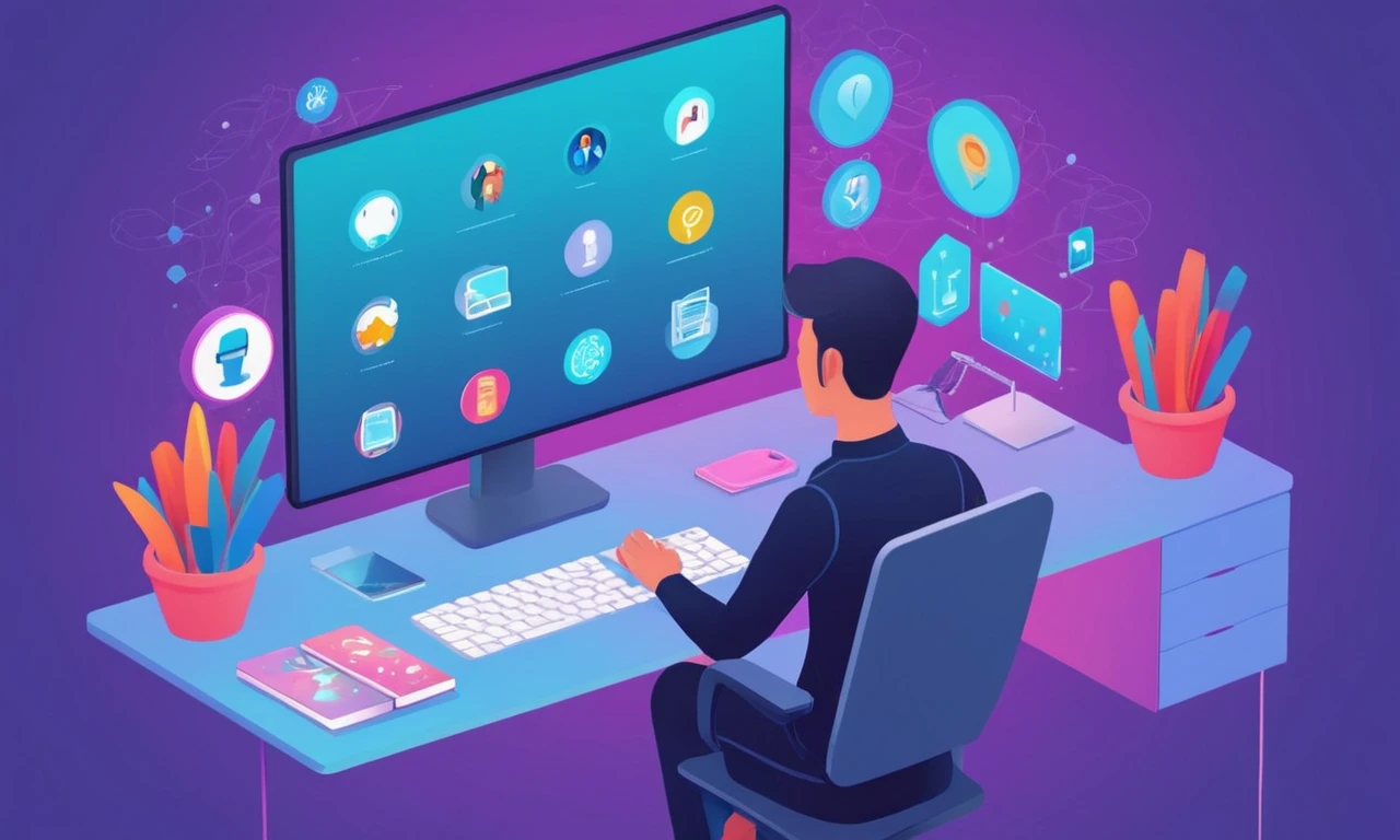 Una persona sentada frente a un ordenador, rodeada de avatares en la pantalla con herramientas de análisis psicológico.