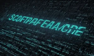 Una pantalla de computadora que muestra líneas de código e interfaces de software con superposiciones de texto de búsqueda de mitos.