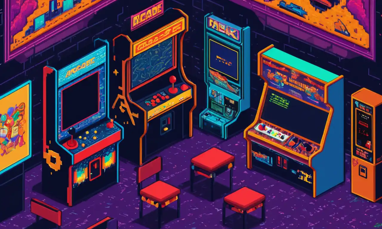 Una ilustración de arte pixel de un antiguo gabinete de arcade con código de desplazamiento en el fondo.
