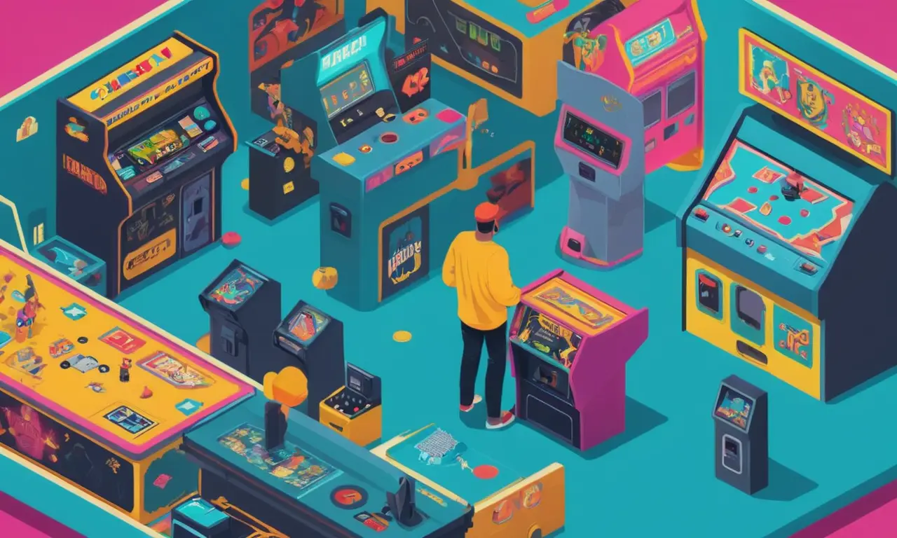Una persona jugando un juego de arcade rodeado de consolas retro y juegos