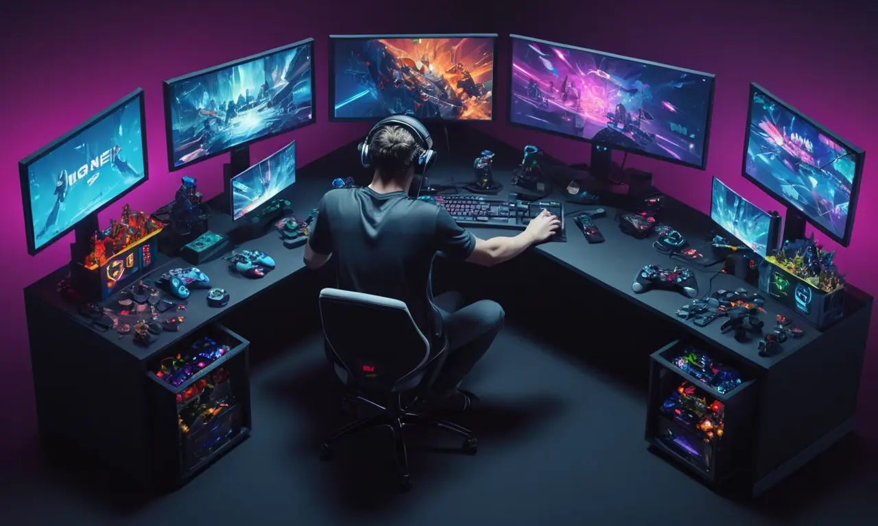 Un jugador sentado en un escritorio rodeado de pantallas y controladores
