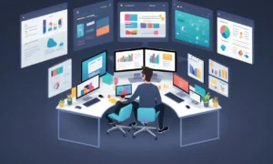 Diseñador sentado en un escritorio rodeado de trabajo de diseño y comentarios de la comunidad en pantallas.