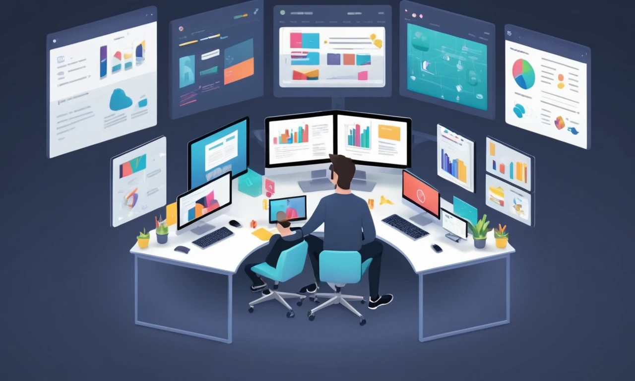 Diseñador sentado en un escritorio rodeado de trabajo de diseño y comentarios de la comunidad en pantallas.