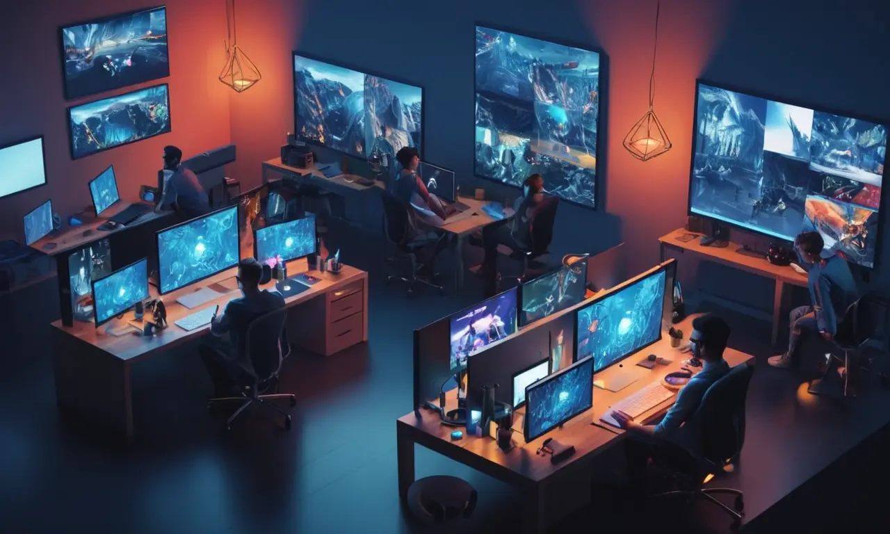 Un grupo de modders colaborando en un proyecto, rodeado de pantallas informáticas y herramientas creativas.