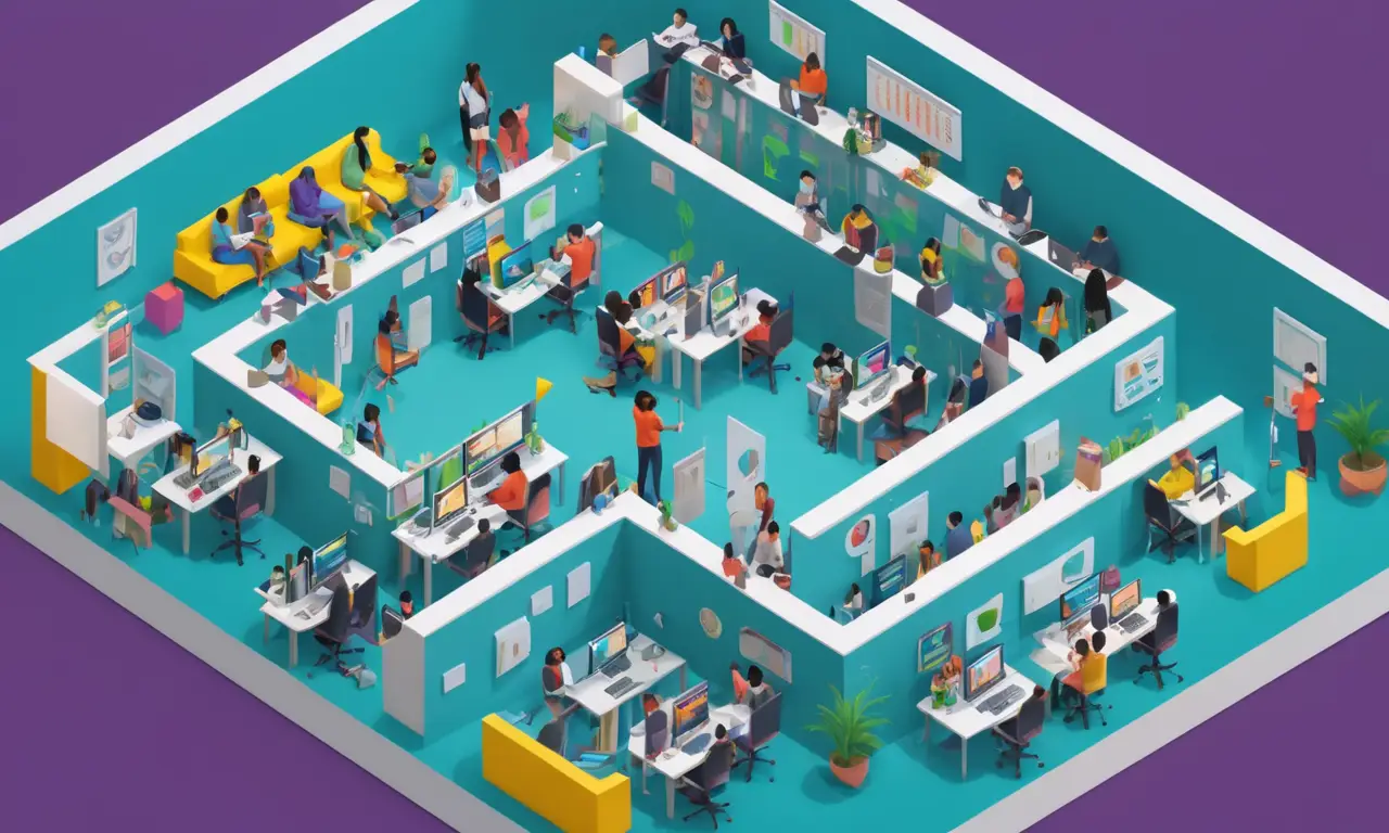 Un diseño de espacio comunitario inclusivo con diversos participantes utilizando computadoras y teniendo discusiones.