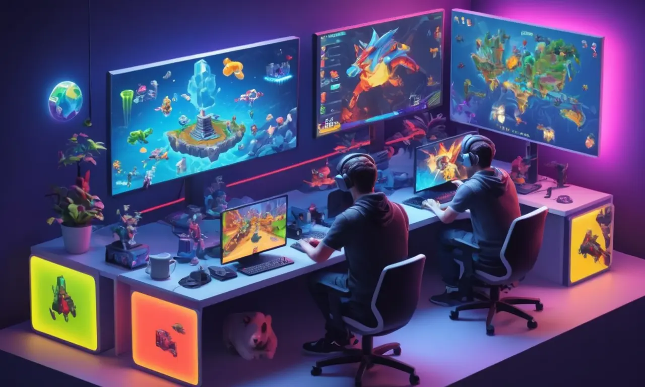 Gamers jugando versiones modificadas de juegos populares en pantallas de ordenador con iconos mod en el fondo.