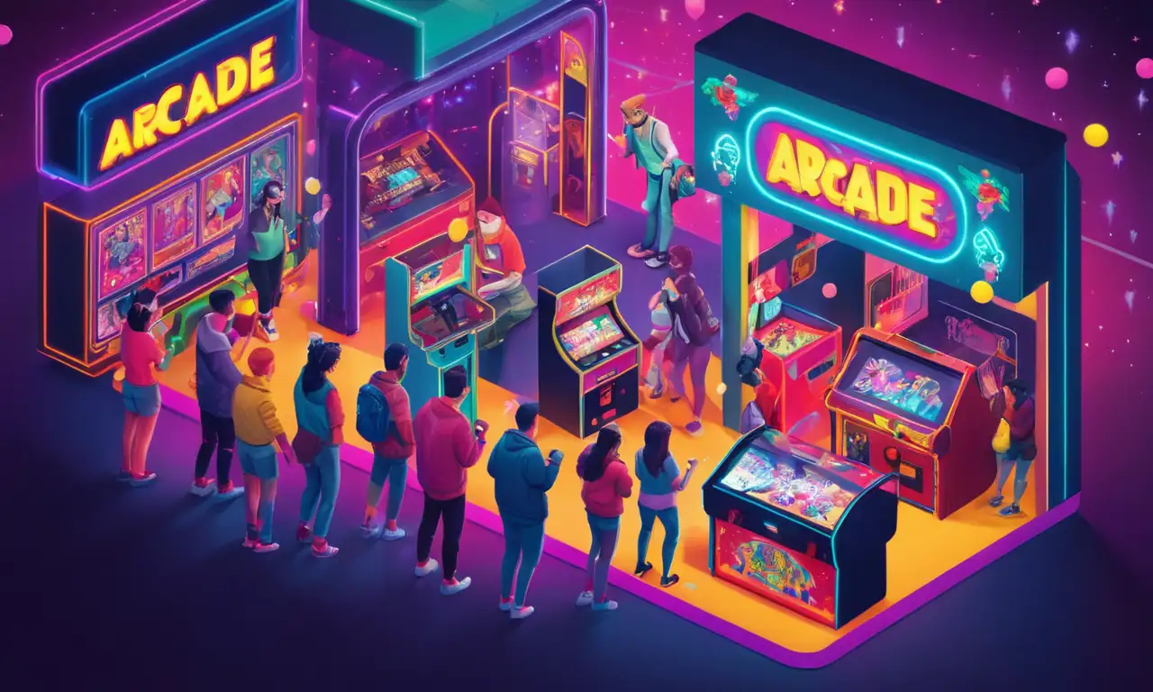 La gente se reunió alrededor de una máquina de arcade, jugando juntos y riendo entre luces coloridas y decoración nostálgica.
