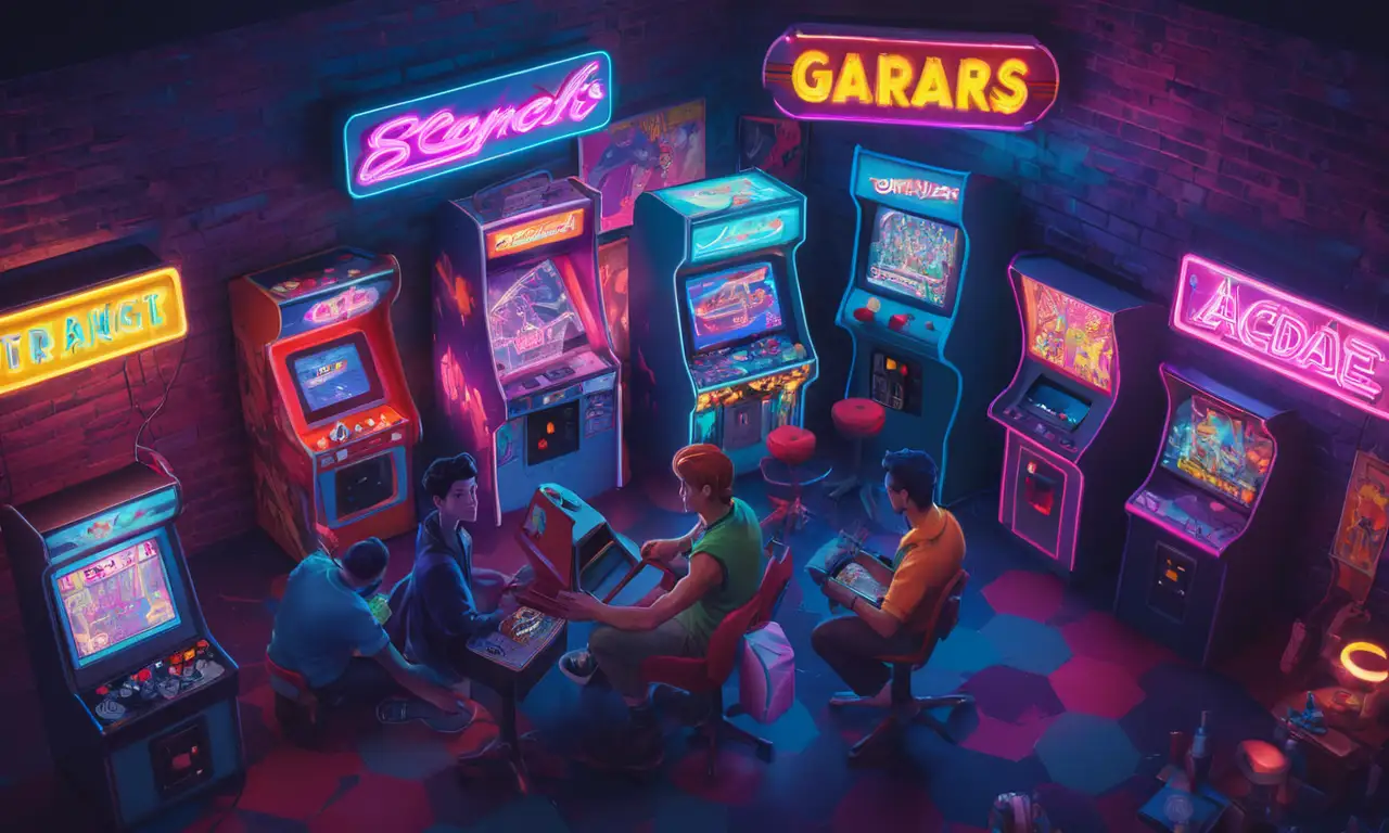 Una escena nostálgica de jugadores retro se reunieron alrededor de una antigua máquina de arcade rodeada de luces de neón y posters retro.