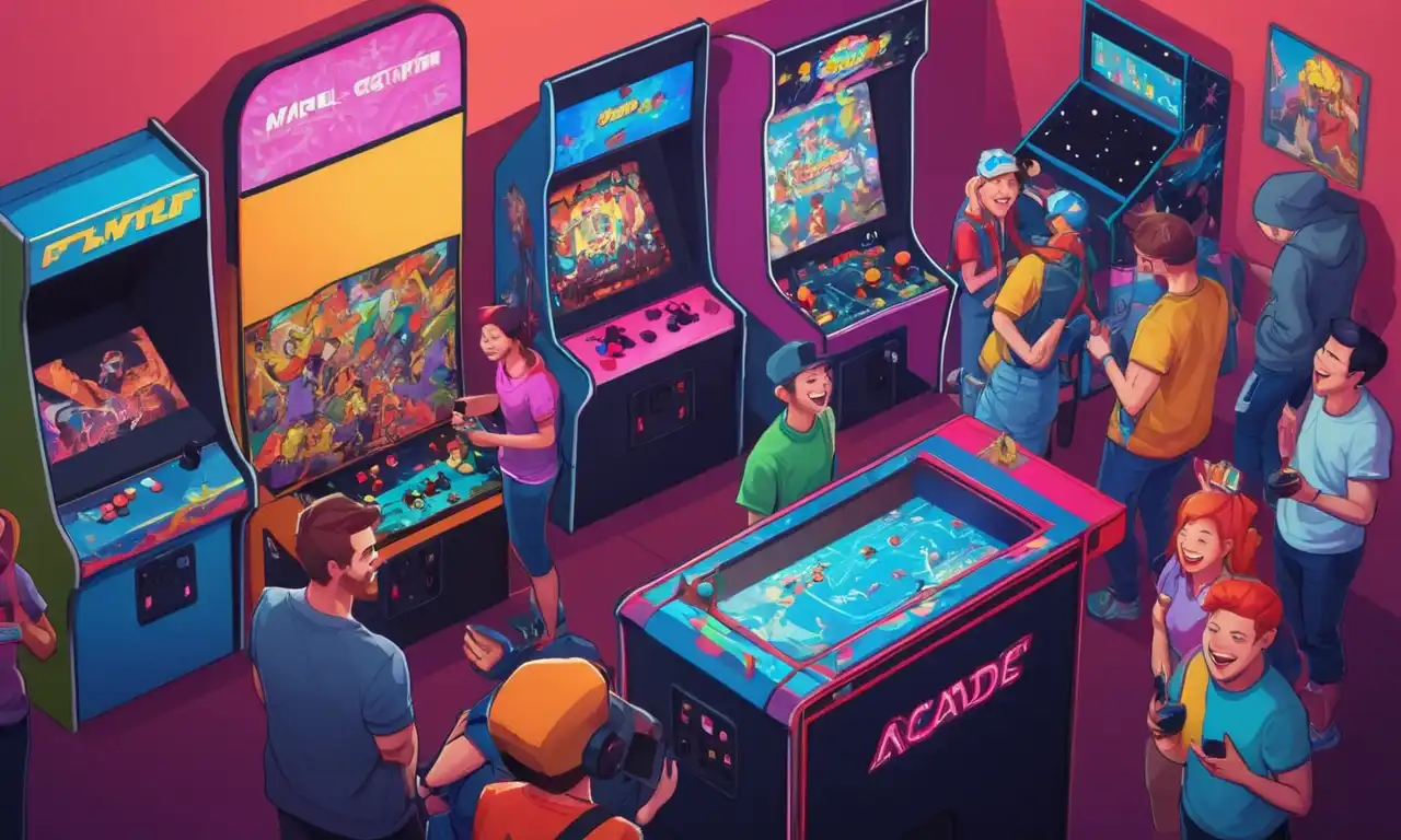 Grupo de jugadores se reunieron alrededor de una máquina de arcade, riendo y socializando.