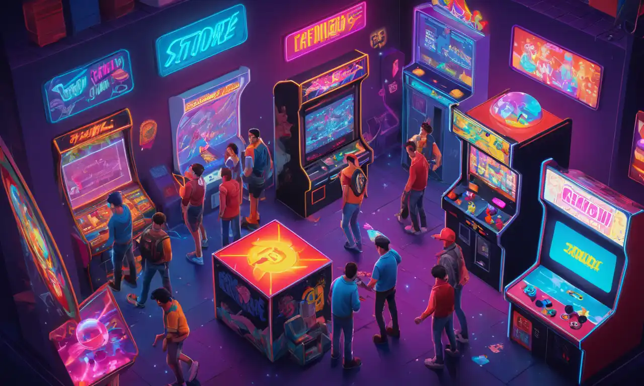 Una ilustración nostálgica de los entusiastas del arcade se reunieron alrededor de videojuegos clásicos, con luces de neón y carteles retro en el fondo.