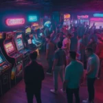 La gente se reúne alrededor de máquinas arcade en una tienda de juegos retro