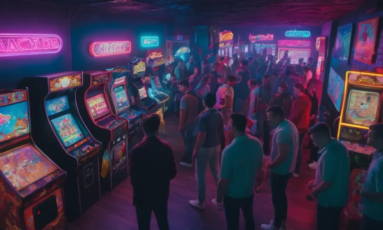 La gente se reúne alrededor de máquinas arcade en una tienda de juegos retro