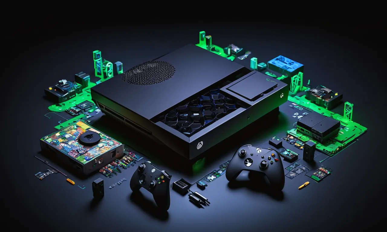 Una consola Xbox rodeada de herramientas de piratería y controladores modificados en medio de un fondo oscuro.