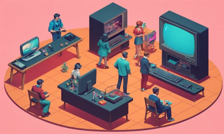 Un grupo de personas se reunieron alrededor de una computadora o consola vintage