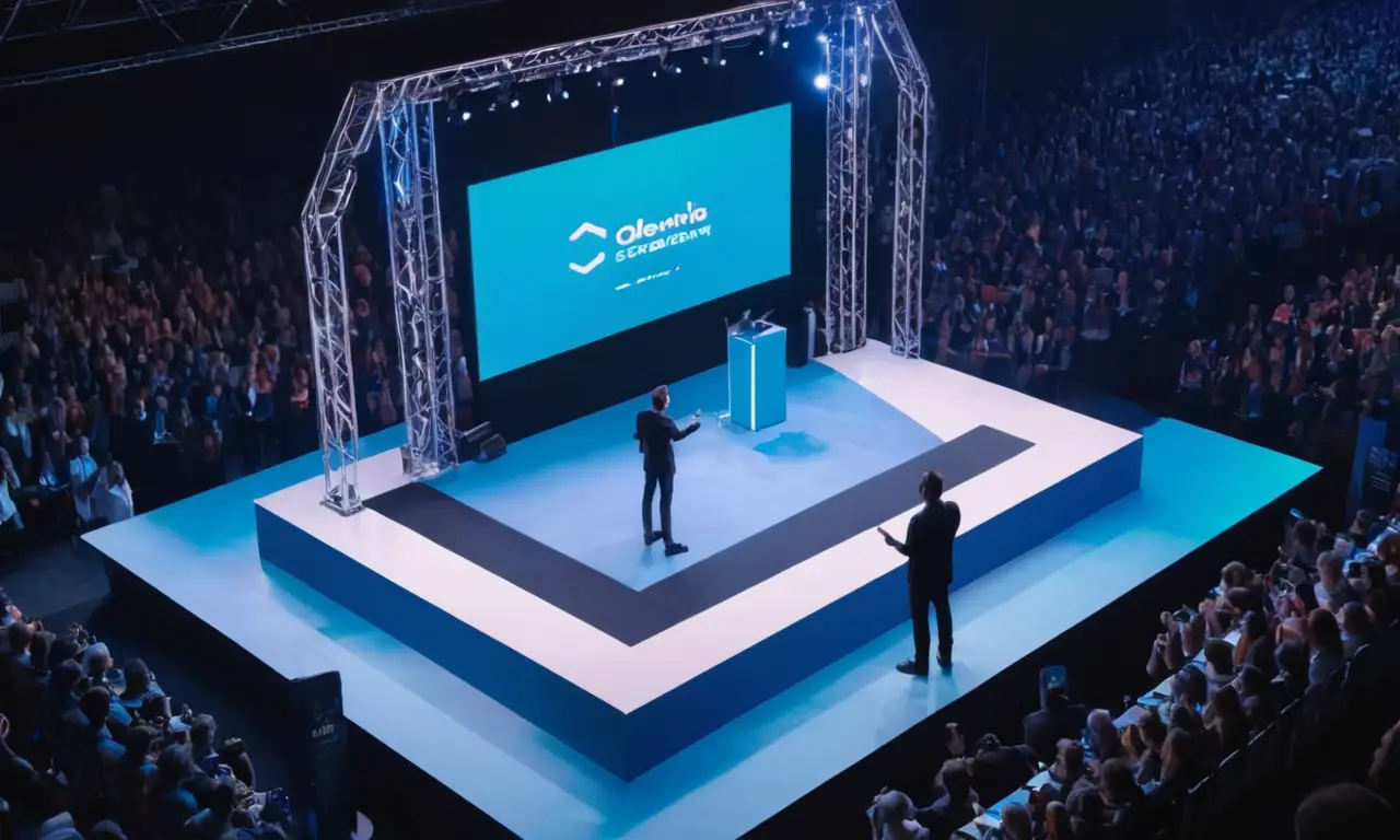 Una persona que habla frente a una etapa de evento con audiencia y pantallas que muestran logotipos de marca.