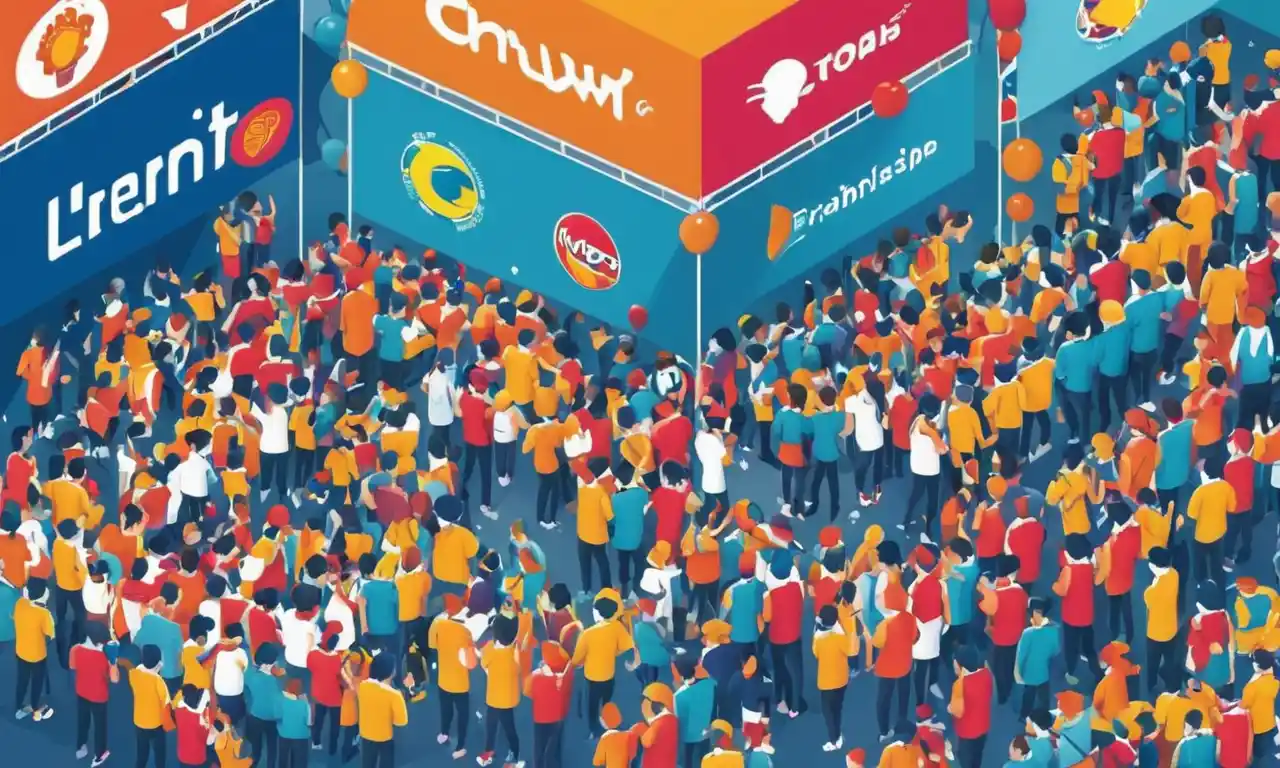 Una multitud que asiste a un evento rodeado de logos franquicias y banners.