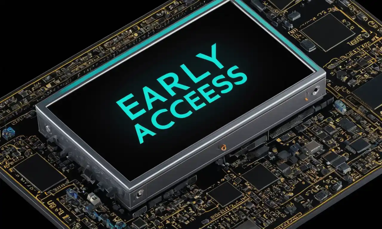 Una pantalla de computación de estilo retro que muestra el texto Acceso anticipado en un fondo negro, con alambres y tableros de circuito visibles debajo.