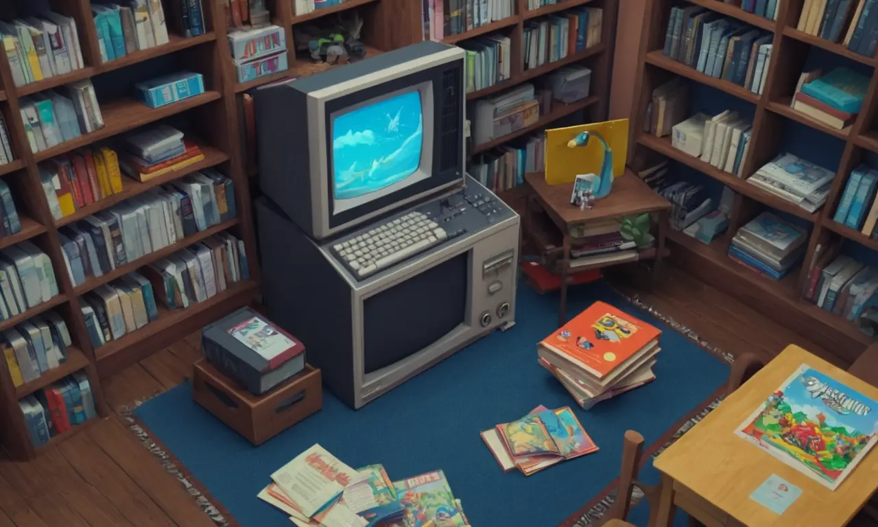 Una captura de pantalla de un viejo juego de computadora que se juega en un monitor retro, rodeado de papeles y libros.