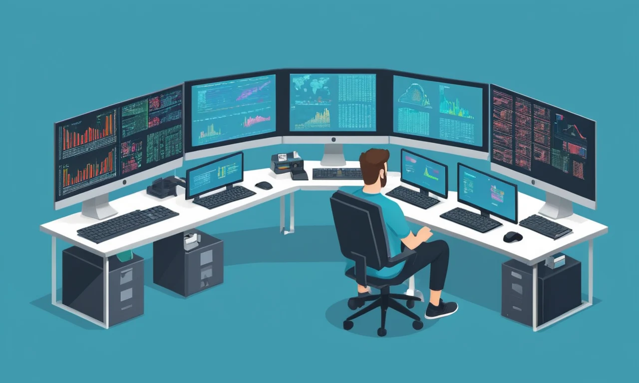 Un programador sentado en un escritorio con múltiples pantallas mostrando código y mensajes de error.