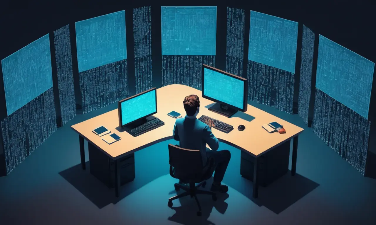 Un programador sentado en un escritorio rodeado de pantallas de código y notas, con una burbuja de pensamiento sobre su cabeza.