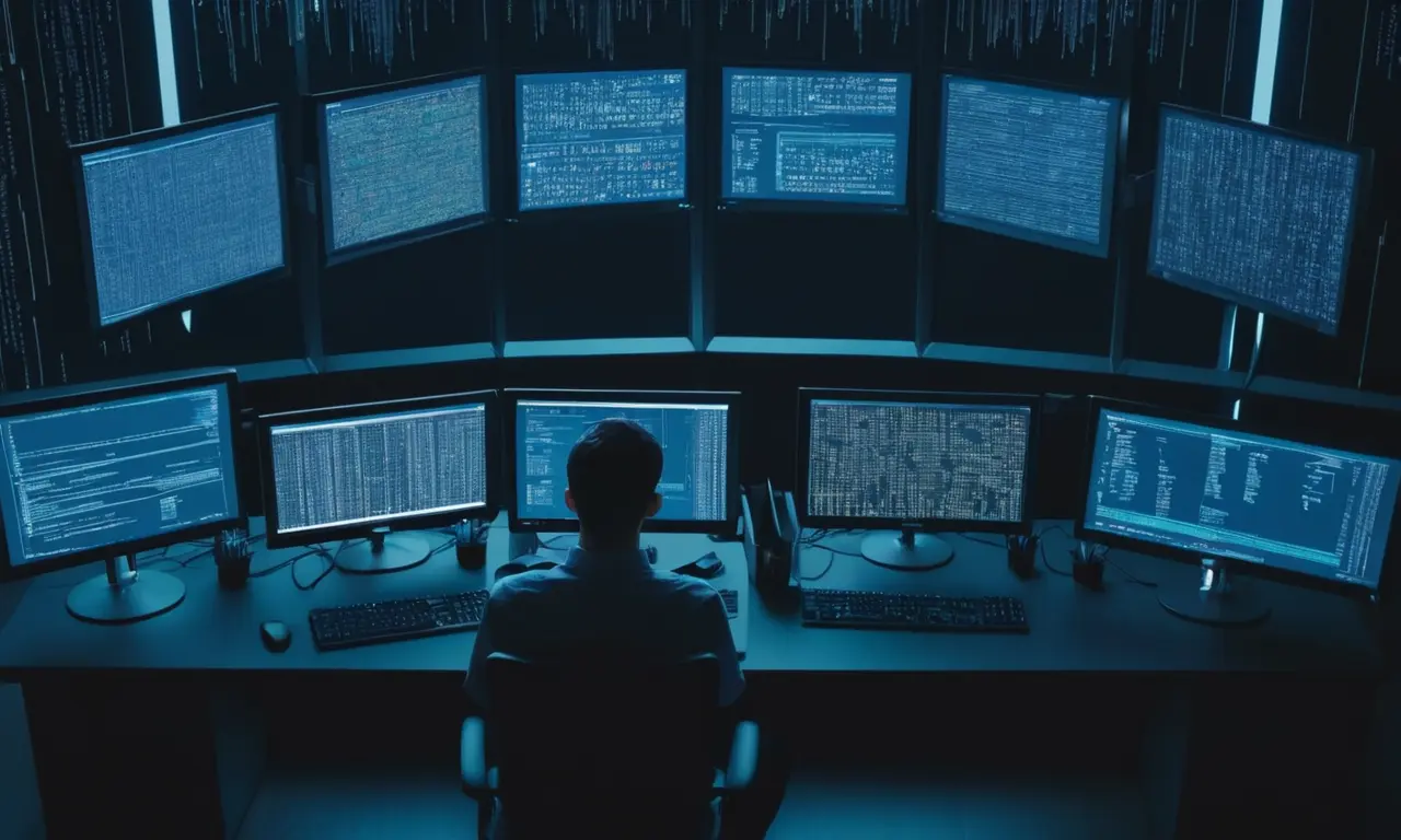 Un programador sentado frente a múltiples pantallas de ordenador