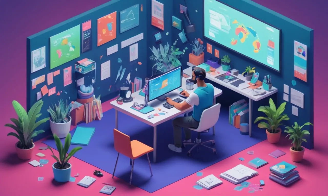 Un diseñador gráfico que trabaja en el diseño de caracteres para un simulador virtual, rodeado de notas y referencias.