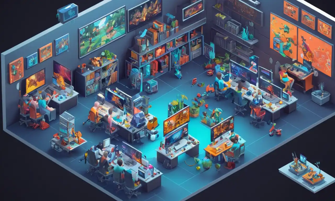 Artistas creando diseños de personajes para videojuegos en ordenadores y pizarras.