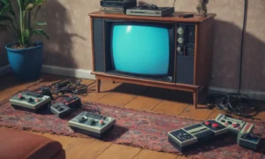 Una persona sentada frente a una antigua consola TV