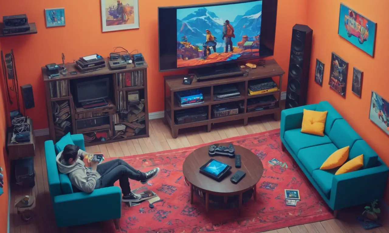 Una persona sentada en un sofá rodeada de viejas consolas, con TV y juegos dispersos alrededor.