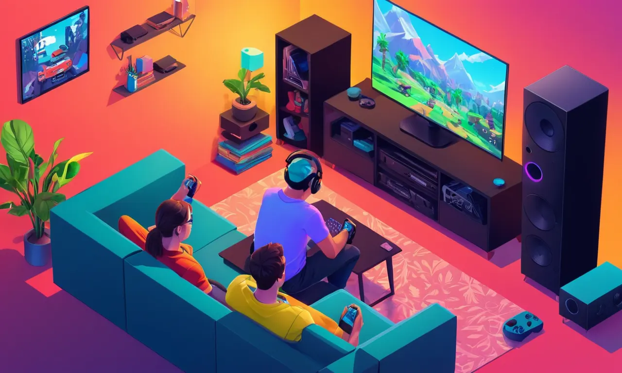 Un jugador sentado en un sofá, rodeado de consolas de juego y servicios de suscripción en un televisor.