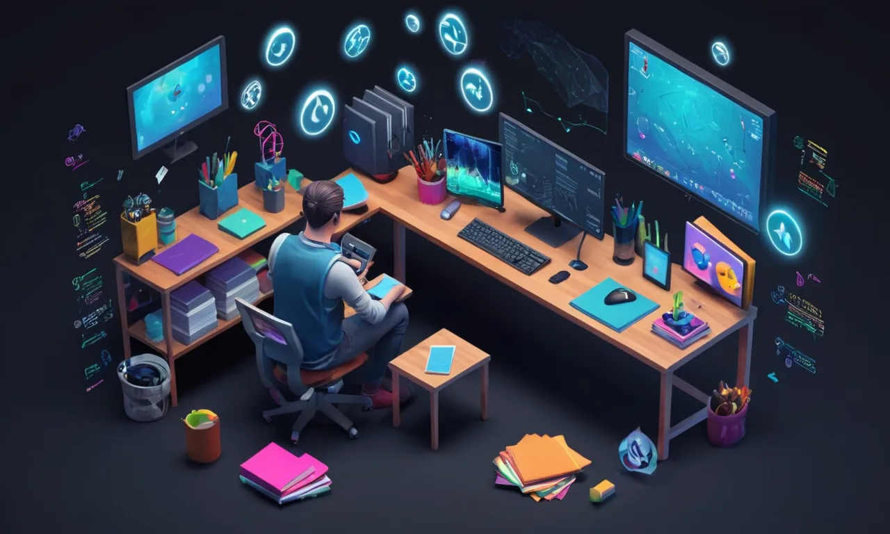 Una persona sentada en una computadora rodeada de herramientas y notas de desarrollo del juego, con una burbuja de retroalimentación crítica sobre su cabeza.