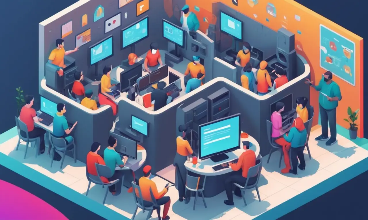 Una comunidad de modders se reunió alrededor de una pantalla de computadora, discutiendo crítica constructiva y retroalimentación.
