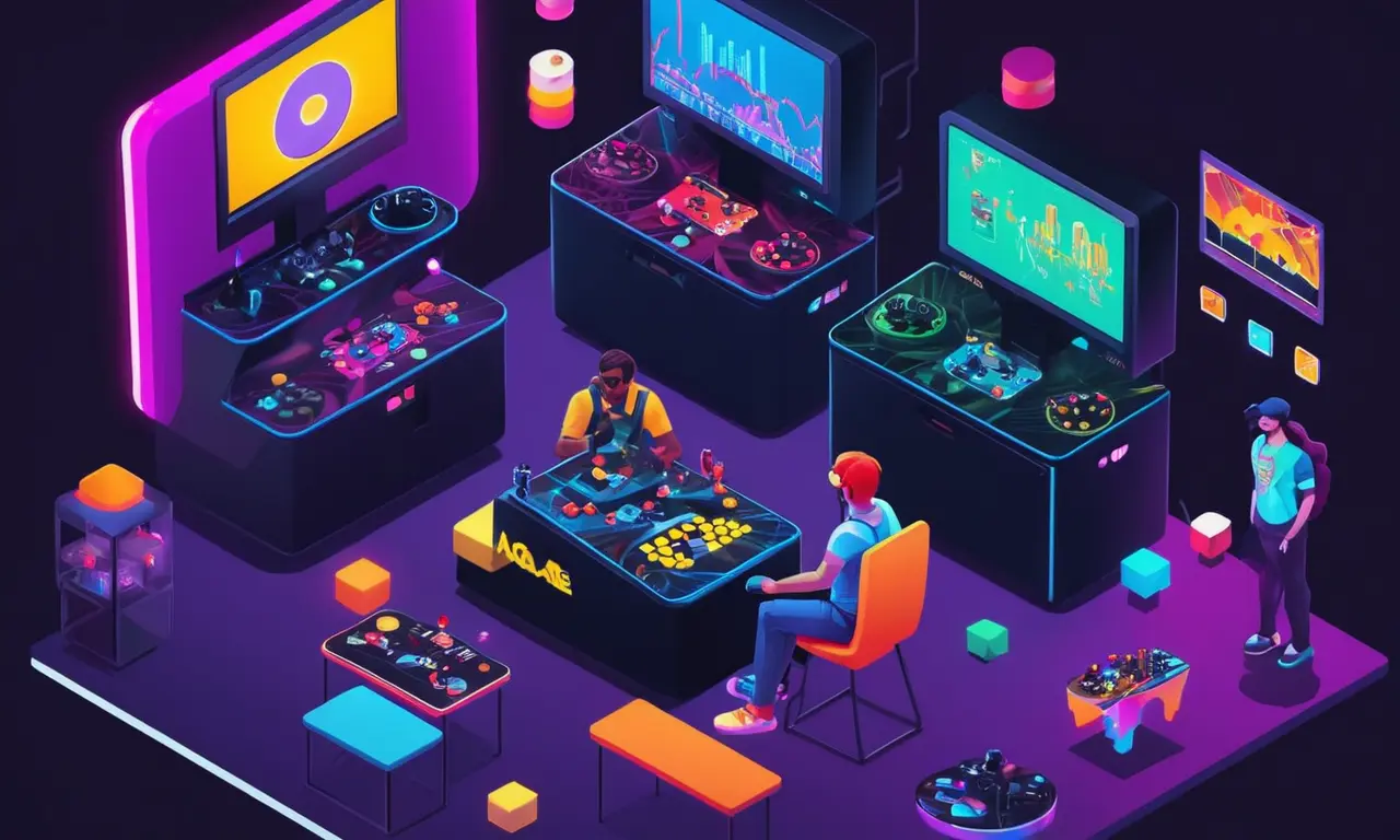 Una persona rodeada de controladores de juego y máquinas arcade, con gráficos y gráficos analizando el impacto de diversos juegos en la comunidad de juegos.