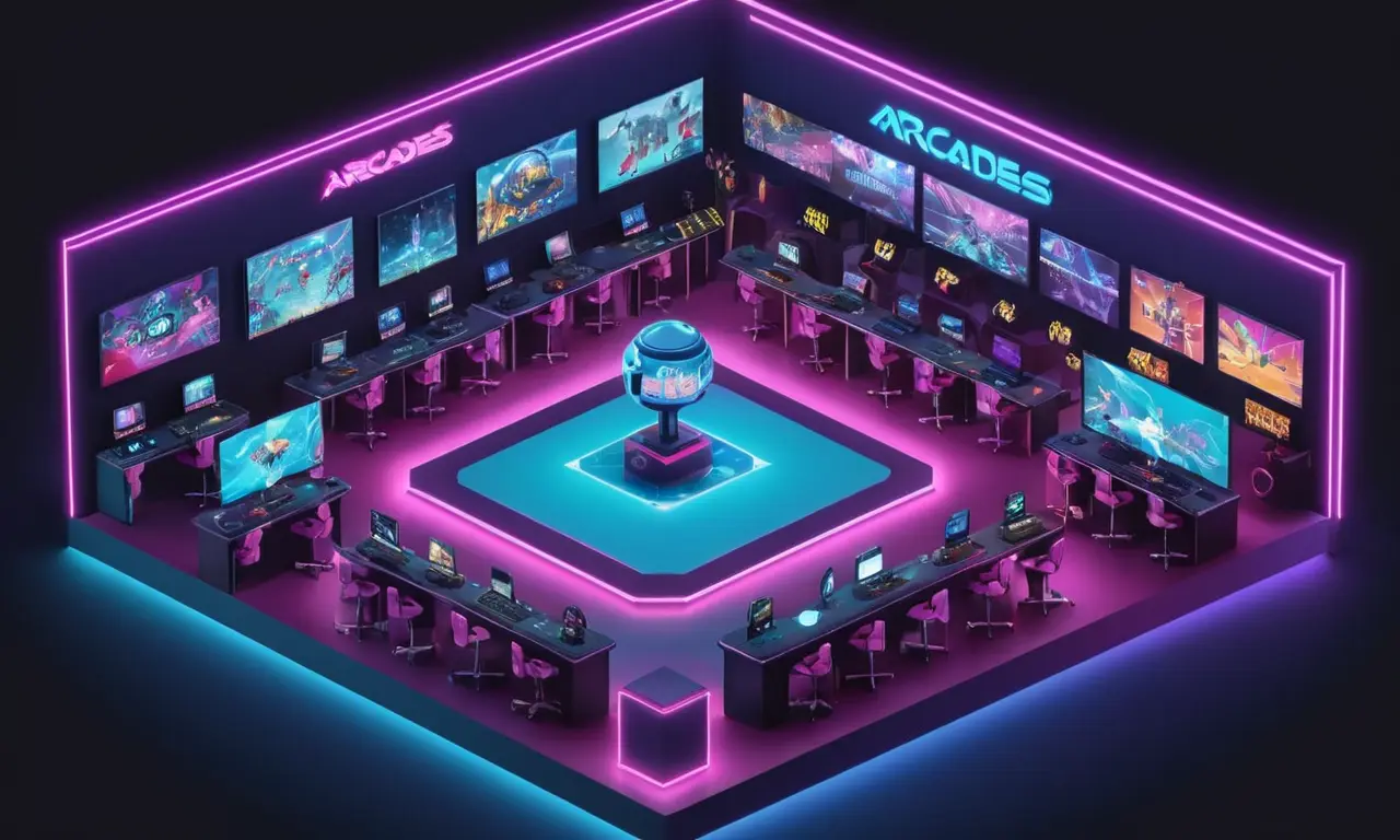 Un gráfico que muestra el crecimiento de la cultura de los deportes electrónicos en las arcadas, rodeado de controles de juego y pantallas.