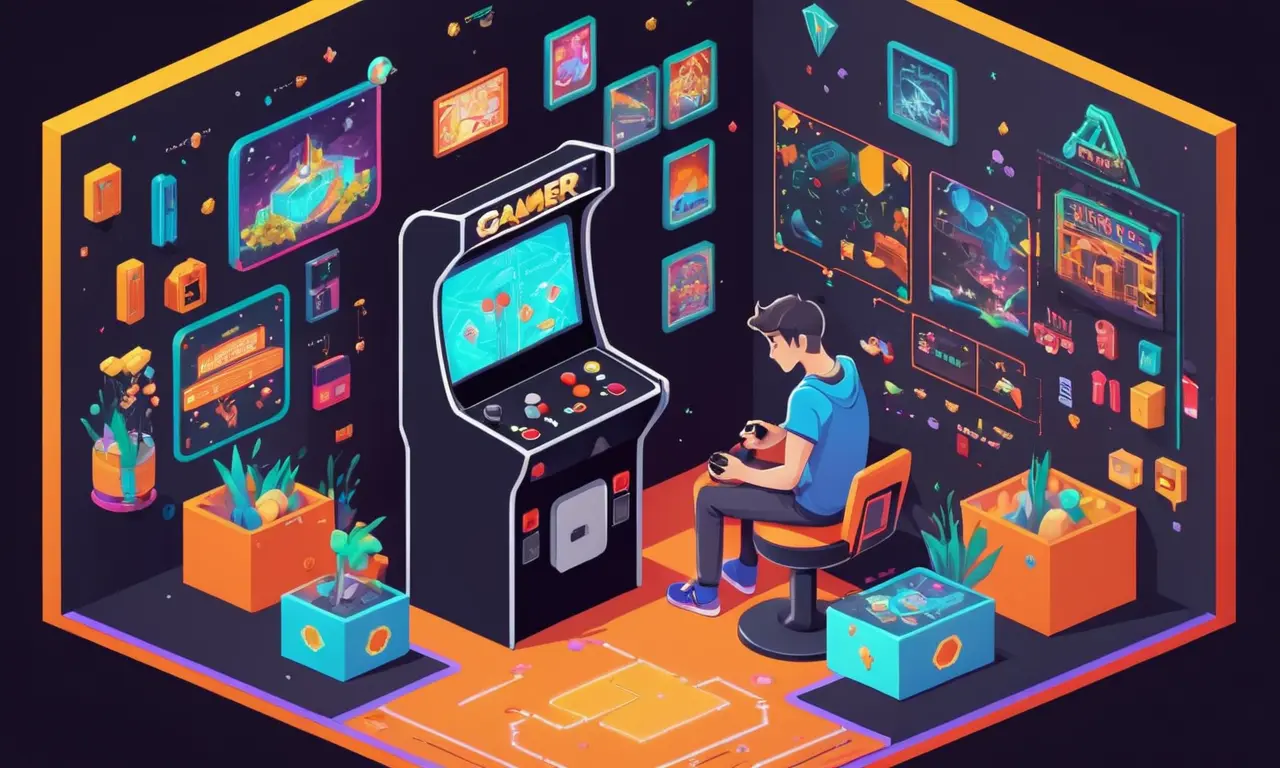Un jugador sentado en una máquina de arcade, rodeado de elementos comunitarios y diagramas.