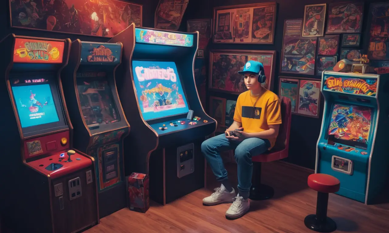 Un jugador nostálgico sentado frente a una vieja máquina de arcade, rodeado de consola retro y memorabilia juego.