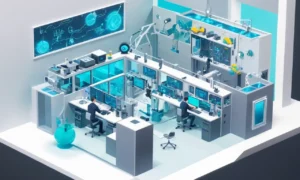 Un ingeniero que sostiene un controlador futurista con alambres y pantallas visibles.