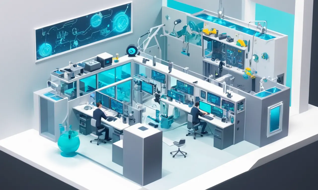 Un ingeniero que sostiene un controlador futurista con alambres y pantallas visibles.