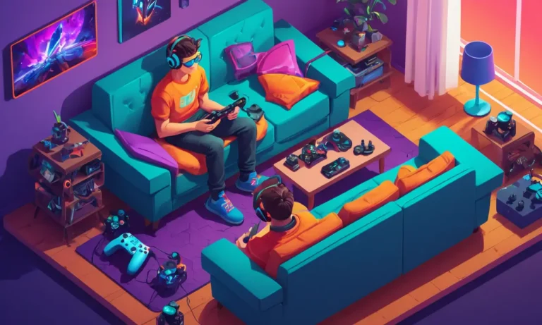 Un jugador sentado en un sofá rodeado de varios controladores de juego.