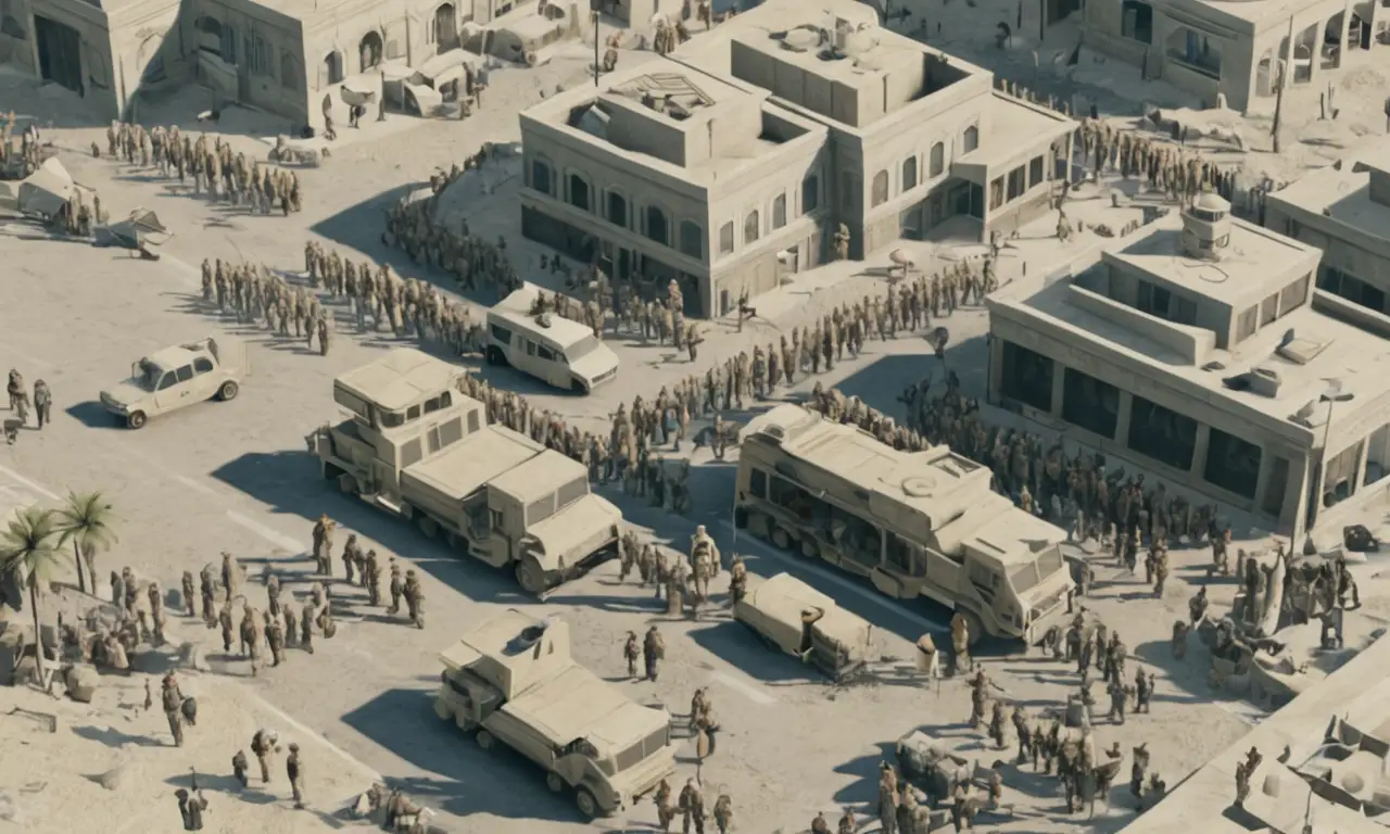 Una captura de pantalla del videojuego Six Days in Fallujah superpuesta por señales de protesta y titulares de noticias.