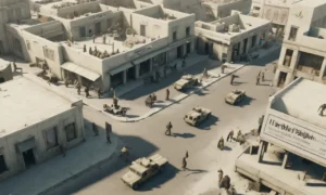 Una captura de pantalla del videojuego Six Days in Fallujah en medio de un telón de fondo de los titulares de noticias y las señales de protesta.